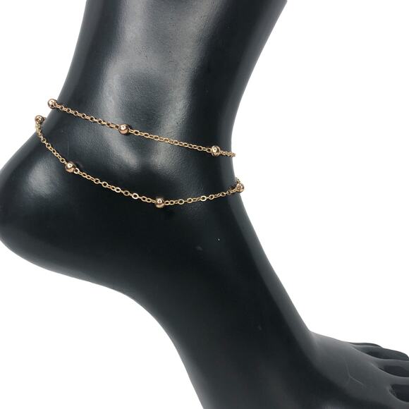Gold Simple Bead Double Strand Anklet - Picture 2 of 4